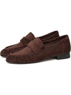 Women's Brown Suede Leather Penny Loafers Pleated Slip On Casual Flat Shoes